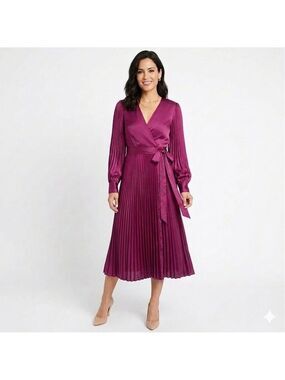 *INTERMIX Magenta Wrap Midi Dress Pleated Skirt Bishop Sleeves Size 0